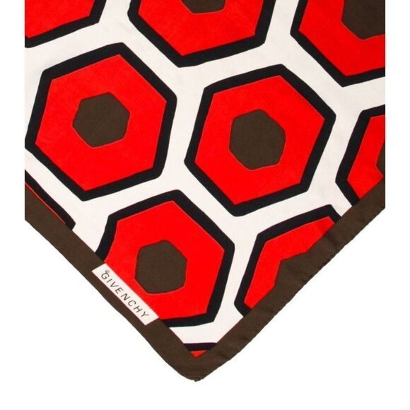givenchy Authentic Red Brown Black White Geometric Square Silk Scarf - Picture 2 of 7